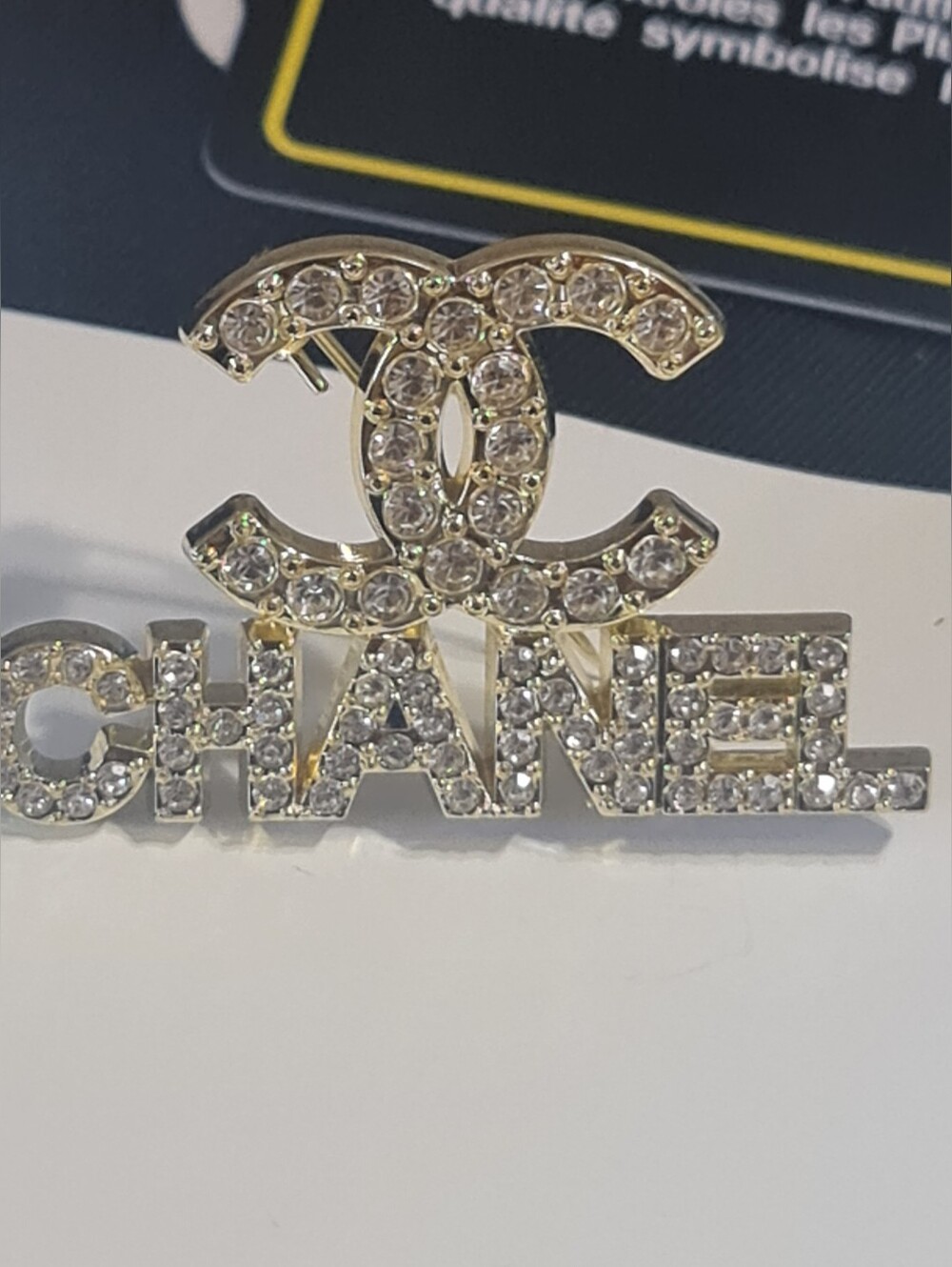 CHANEL Gold-Tone Crystal CC Logo and CHANEL Word Brooch Pin ( MADE IN ITALY)